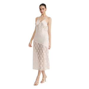 The Sheer Desire | White Lace Satin Patchwork Maxi Slip Sleep Dress - Negative Apparel