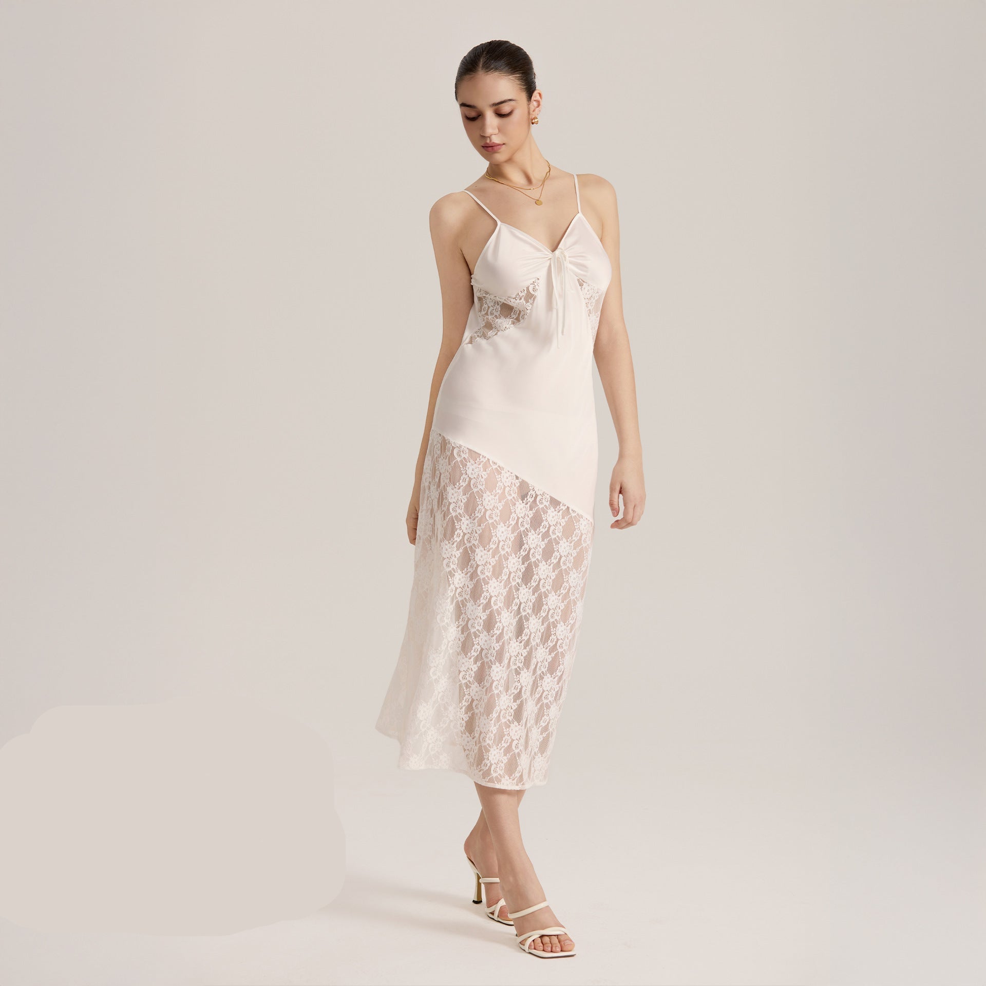 The Sheer Desire | White Lace Satin Patchwork Maxi Slip Sleep Dress - Negative Apparel