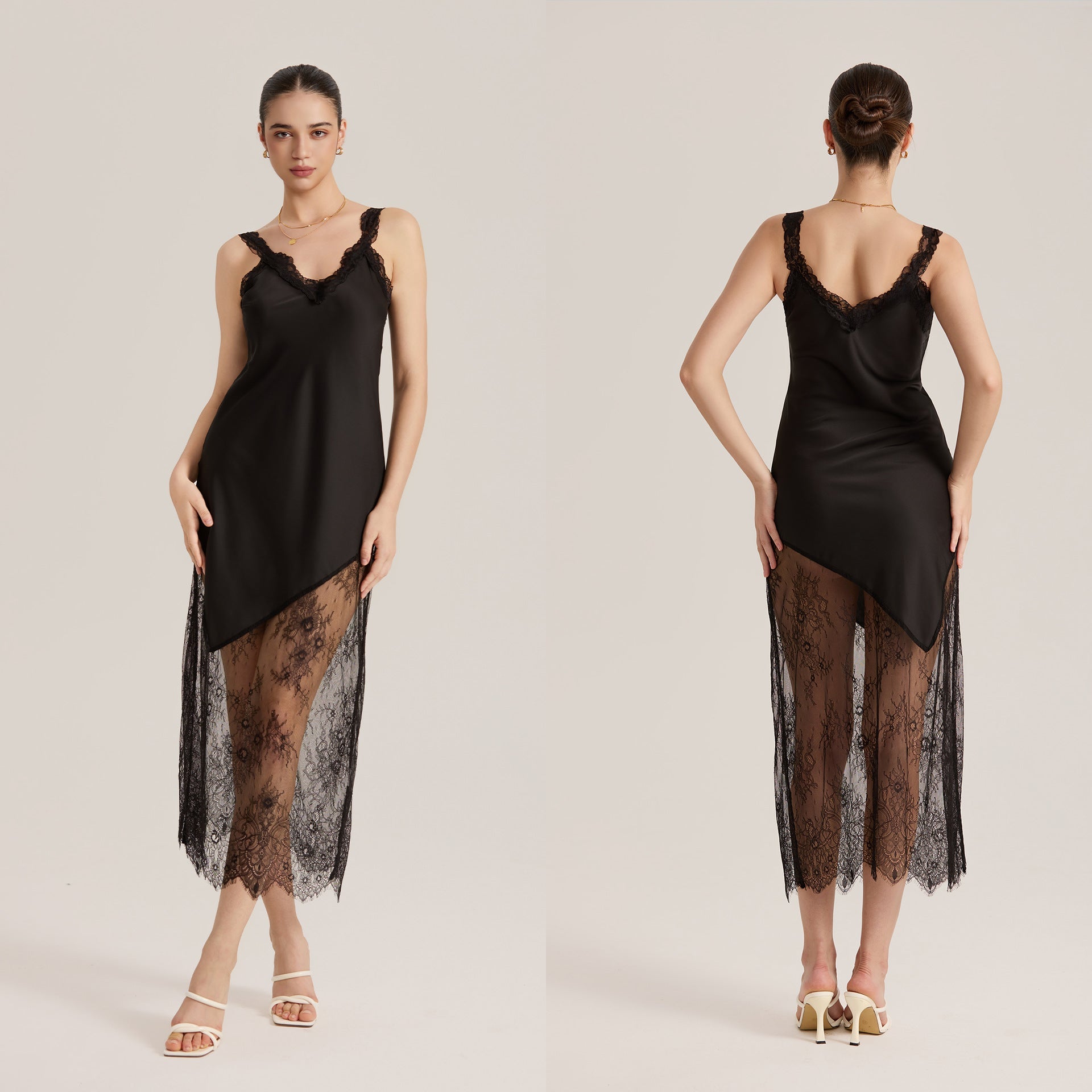 The Sheer Seduction | Black Lace Patchwork Asymmetrical Hem Satin Maxi Slip Sleep Dress - Negative Apparel