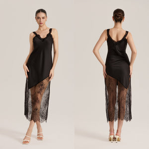 The Sheer Seduction | Black Lace Patchwork Asymmetrical Hem Satin Maxi Slip Sleep Dress - Negative Apparel