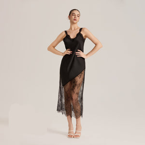 The Sheer Seduction | Black Lace Patchwork Asymmetrical Hem Satin Maxi Slip Sleep Dress - Negative Apparel
