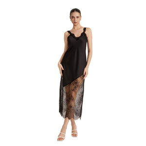 The Sheer Seduction | Black Lace Patchwork Asymmetrical Hem Satin Maxi Slip Sleep Dress - Negative Apparel