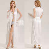 The Sheer Temptation | White Satin Mesh Long Robe Sleepwear - Negative Apparel