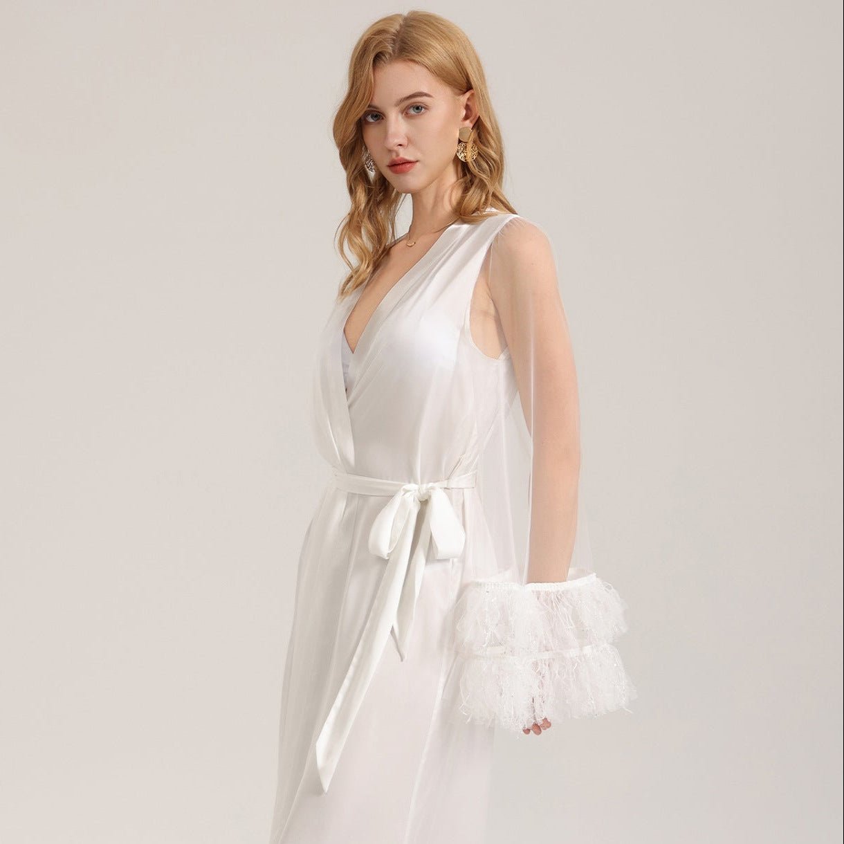 The Sheer Temptation | White Satin Mesh Long Robe Sleepwear - Negative Apparel