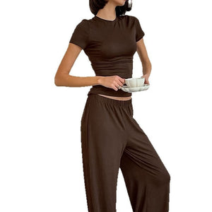 The Slim Cozy | Solid Color Round - Neck Short - Sleeve Top & Pants Pajama Set - Negative Apparel