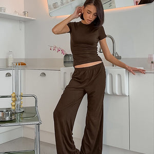 The Slim Cozy | Solid Color Round - Neck Short - Sleeve Top & Pants Pajama Set - Negative Apparel
