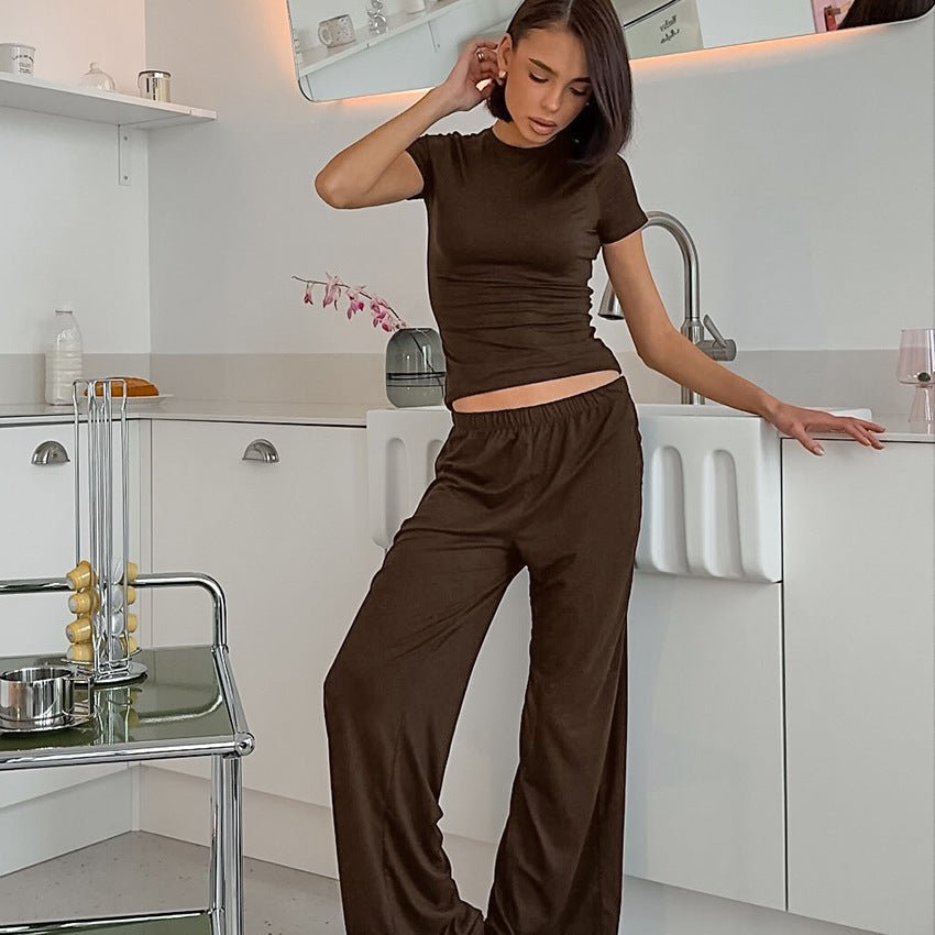 The Slim Cozy | Solid Color Round - Neck Short - Sleeve Top & Pants Pajama Set - Negative Apparel