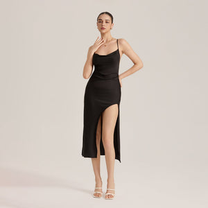 The Slit Seduction | Black Satin High - Slit Crisscross Back Maxi Slip Dress - Negative Apparel
