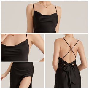 The Slit Seduction | Black Satin High - Slit Crisscross Back Maxi Slip Dress - Negative Apparel
