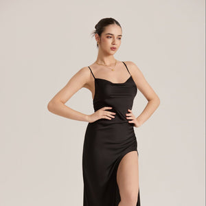 The Slit Seduction | Black Satin High - Slit Crisscross Back Maxi Slip Dress - Negative Apparel