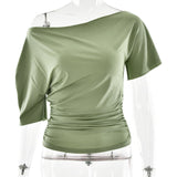 The Spice Shoulder | Women's Ruched One - Shoulder Slim Short - Sleeve Top - Negative Apparel