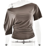 The Spice Shoulder | Women's Ruched One - Shoulder Slim Short - Sleeve Top - Negative Apparel