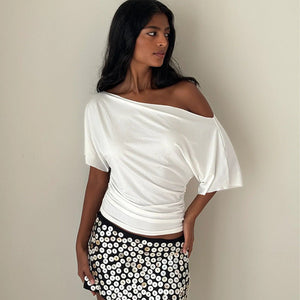 The Spice Shoulder | Women's Ruched One - Shoulder Slim Short - Sleeve Top - Negative Apparel