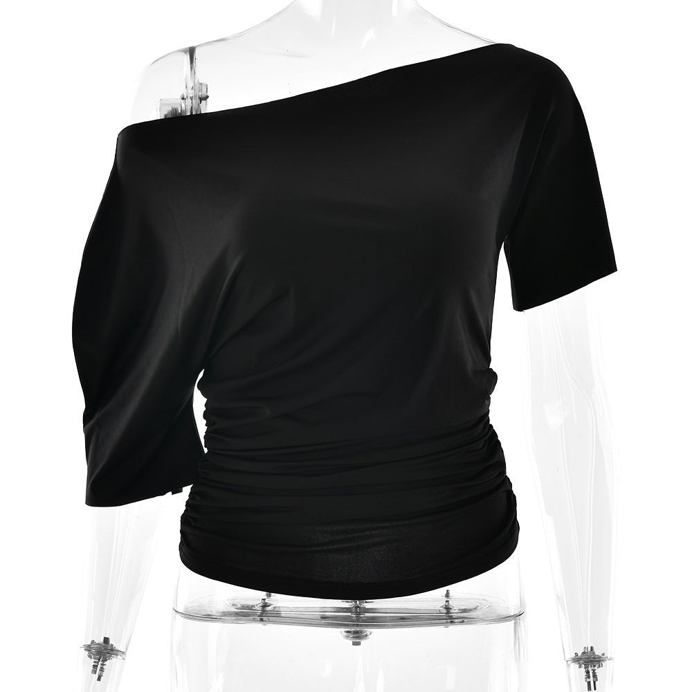 The Spice Shoulder | Women's Ruched One - Shoulder Slim Short - Sleeve Top - Negative Apparel