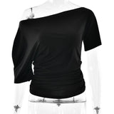 The Spice Shoulder | Women's Ruched One - Shoulder Slim Short - Sleeve Top - Negative Apparel