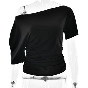 The Spice Shoulder | Women's Ruched One - Shoulder Slim Short - Sleeve Top - Negative Apparel