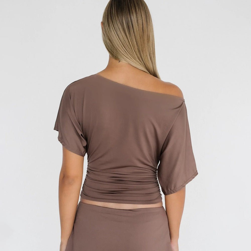 The Spice Shoulder | Women's Ruched One - Shoulder Slim Short - Sleeve Top - Negative Apparel