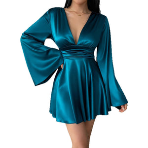 The Velvet Autumn | Women's Long - Sleeve V - Neck A - Line Midi Dress - Negative Apparel