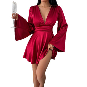 The Velvet Autumn | Women's Long - Sleeve V - Neck A - Line Midi Dress - Negative Apparel