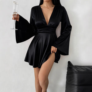 The Velvet Autumn | Women's Long - Sleeve V - Neck A - Line Midi Dress - Negative Apparel