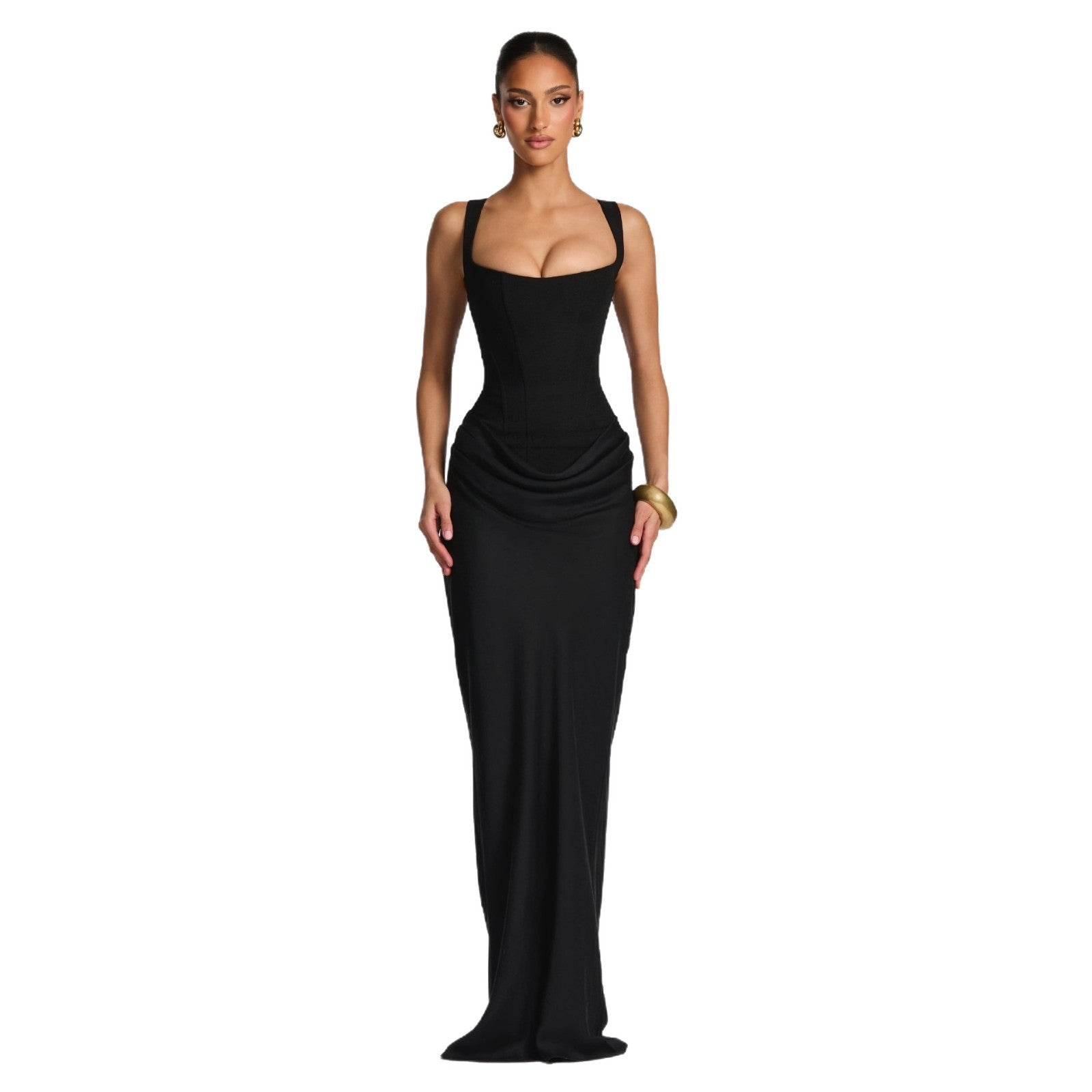 The Velvet Siren | Women's Long - Sleeve Fishbone Slim - Fit Cami Maxi Dress - Negative Apparel