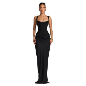 The Velvet Siren | Women's Long - Sleeve Fishbone Slim - Fit Cami Maxi Dress - Negative Apparel