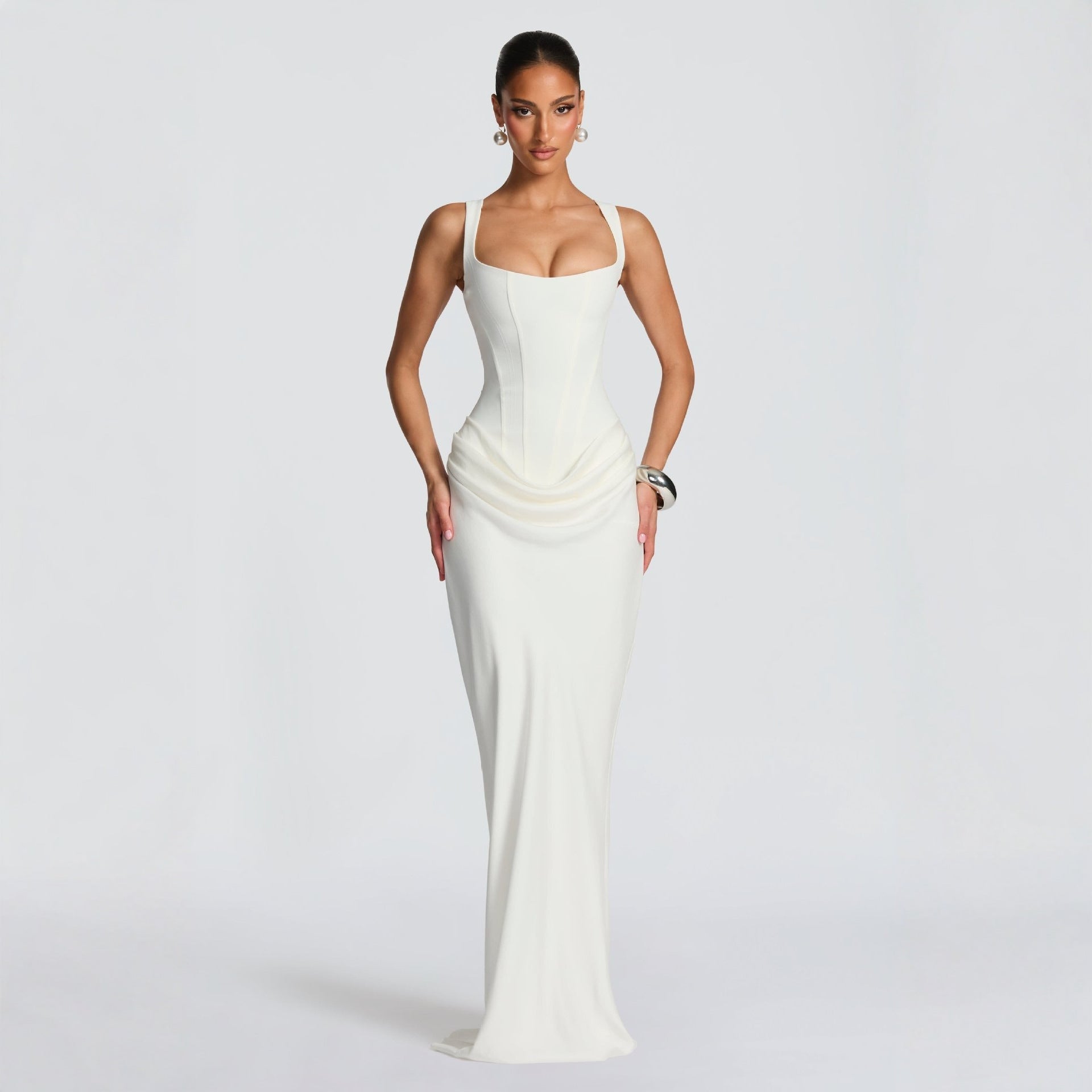 The Velvet Siren | Women's Long - Sleeve Fishbone Slim - Fit Cami Maxi Dress - Negative Apparel