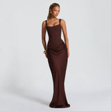 The Velvet Siren | Women's Long - Sleeve Fishbone Slim - Fit Cami Maxi Dress - Negative Apparel