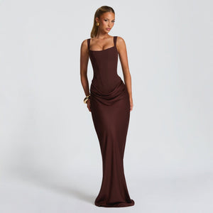 The Velvet Siren | Women's Long - Sleeve Fishbone Slim - Fit Cami Maxi Dress - Negative Apparel
