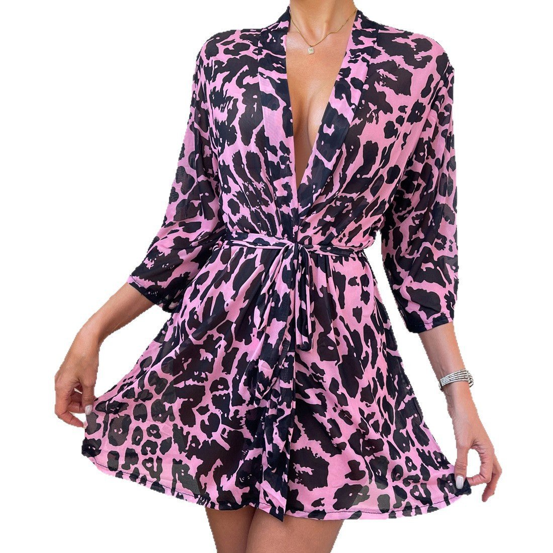 The Wild Muse | Leopard Print Mesh Robe & Lingerie Set - Negative Apparel