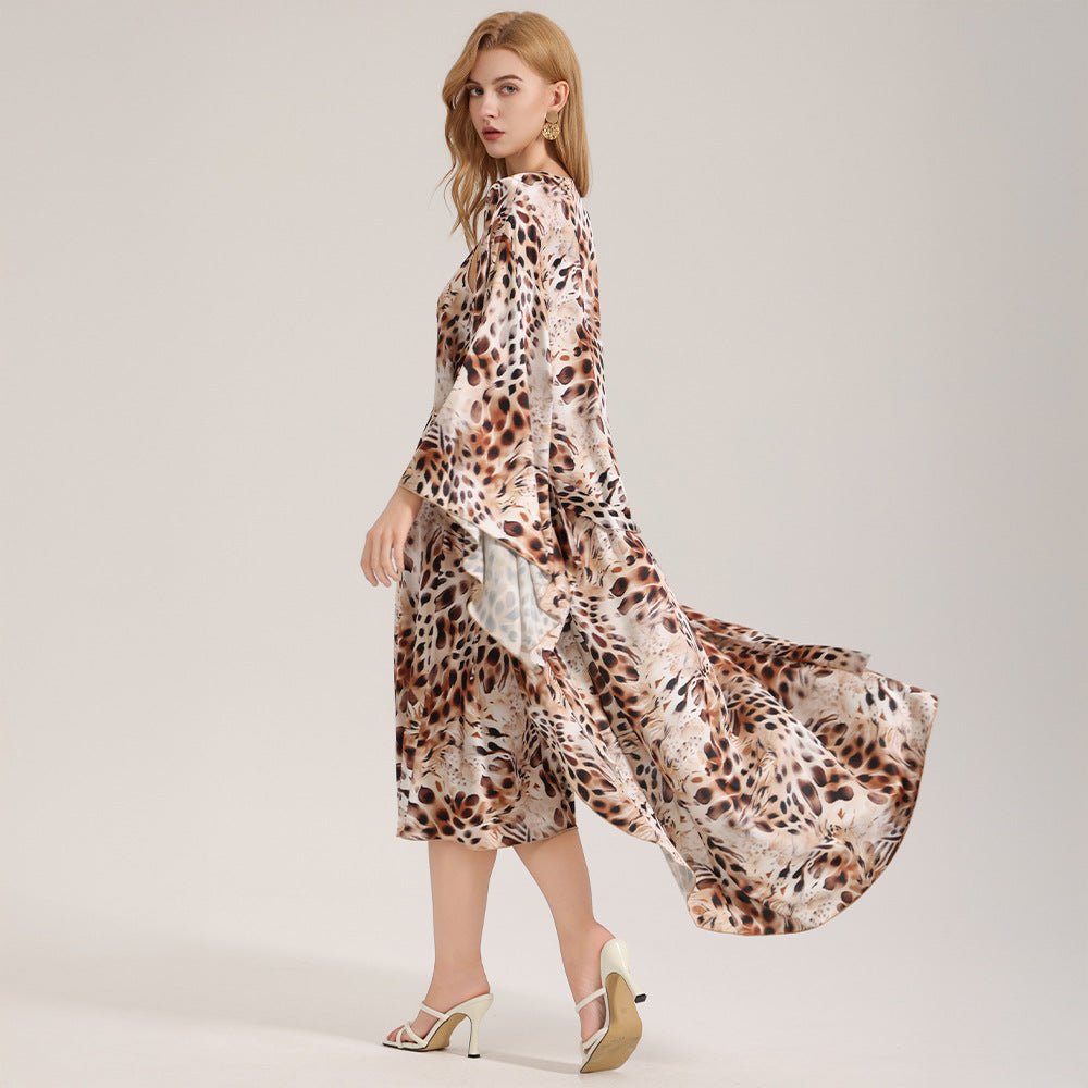 The Wild Party | Women's Printed Satin Suspender Chemise & Long Robe Two - Piece Set - Negative Apparel