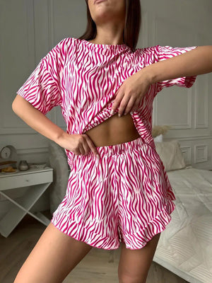 The Zebra Chill | Striped Short - Sleeve Top & Shorts Pajama Set - Negative Apparel