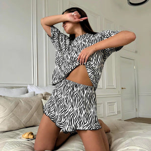 The Zebra Chill | Striped Short - Sleeve Top & Shorts Pajama Set - Negative Apparel