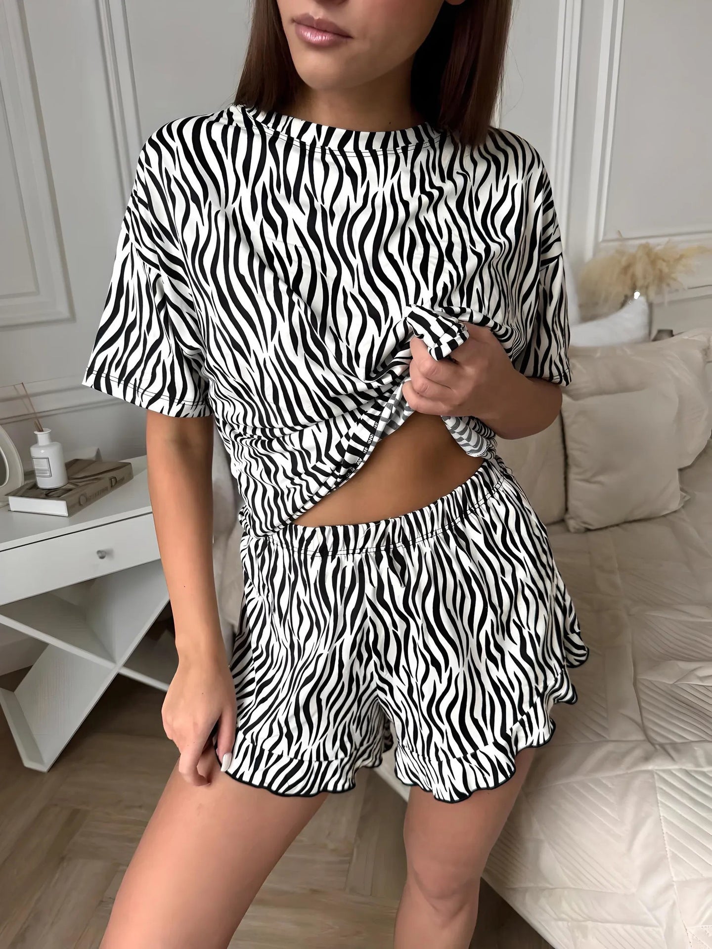 The Zebra Chill | Striped Short - Sleeve Top & Shorts Pajama Set - Negative Apparel
