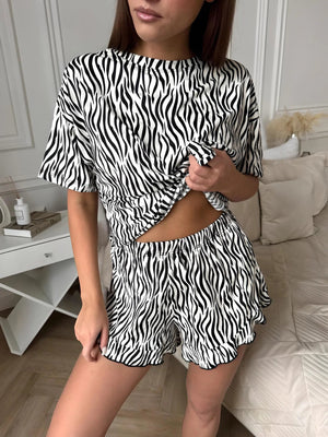 The Zebra Chill | Striped Short - Sleeve Top & Shorts Pajama Set - Negative Apparel
