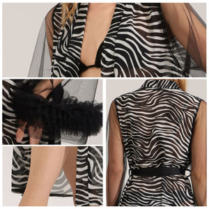 The Zebra Pearl | Women's Zebra Print Pearl Chiffon Long - Sleeve Robe - Negative Apparel