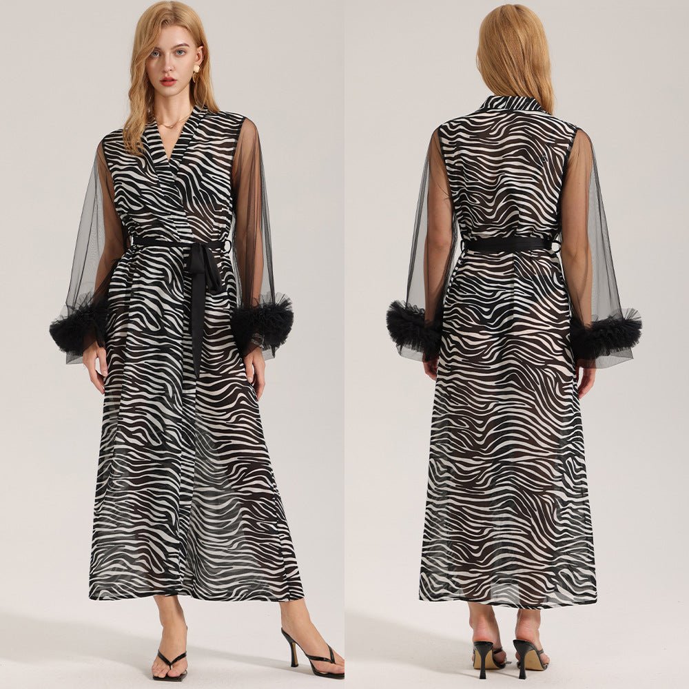 The Zebra Pearl | Women's Zebra Print Pearl Chiffon Long - Sleeve Robe - Negative Apparel