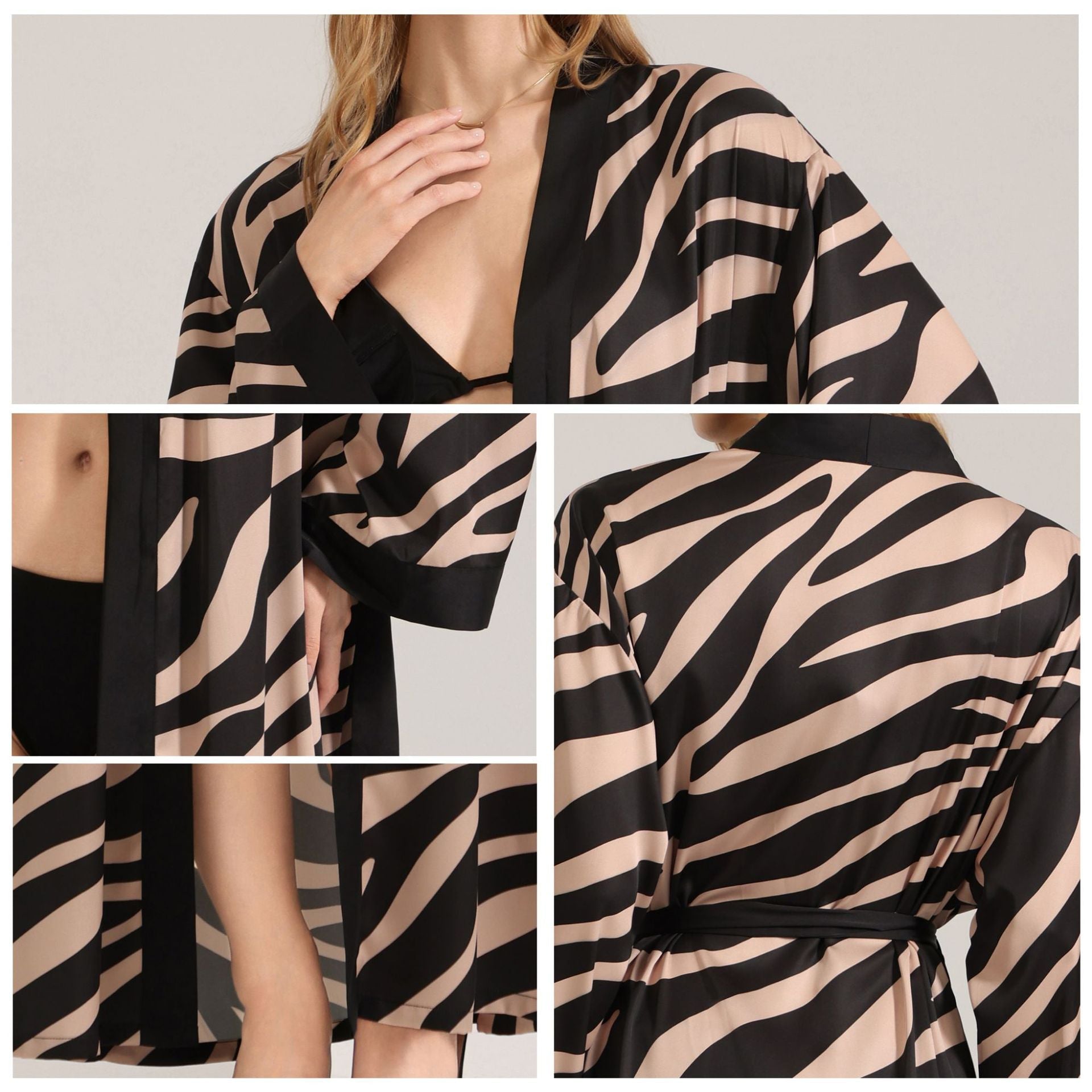 The Zebra Silk | Zebra Print One - Shoulder Long - Sleeve Satin Maxi Robe - Negative Apparel