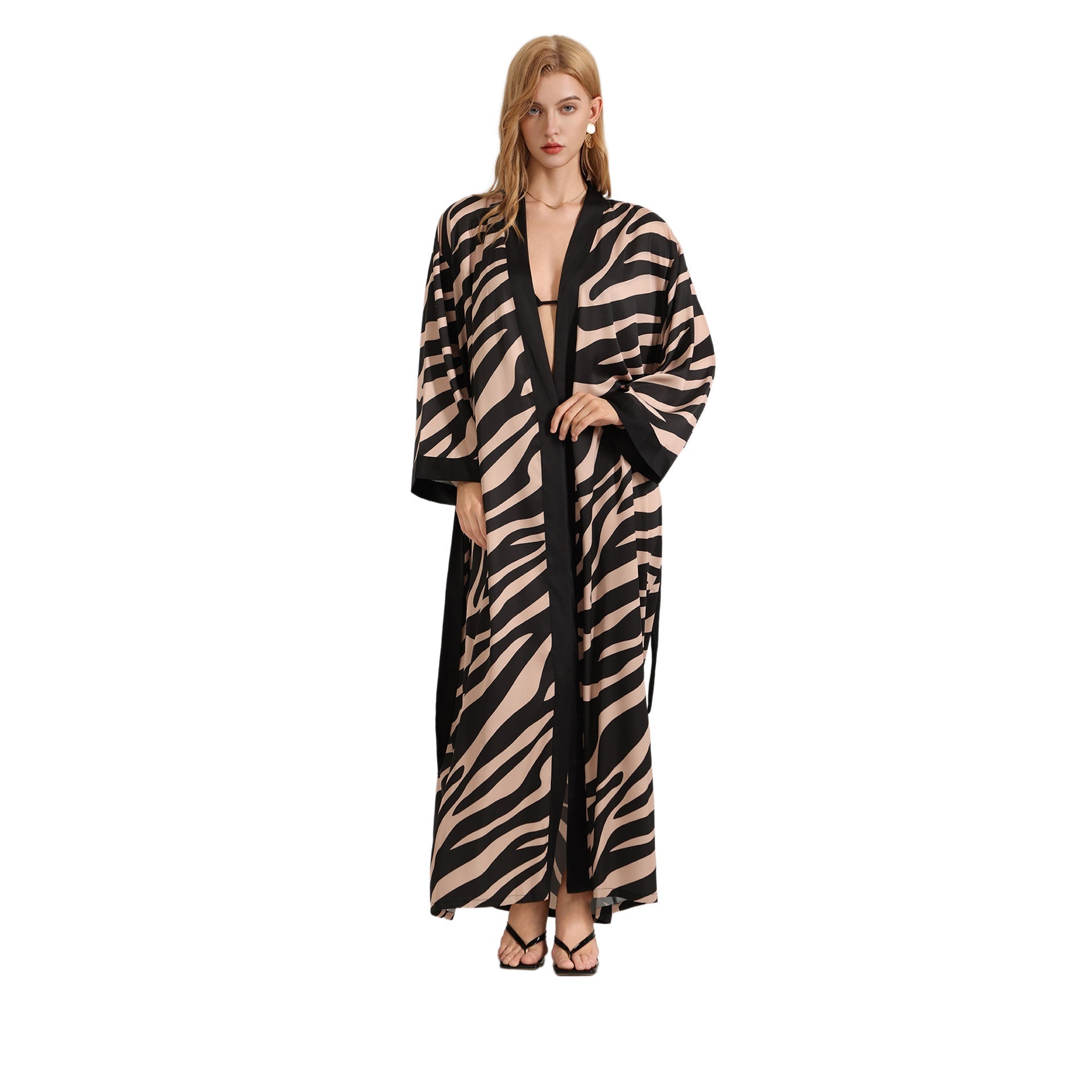 The Zebra Silk | Zebra Print One - Shoulder Long - Sleeve Satin Maxi Robe - Negative Apparel