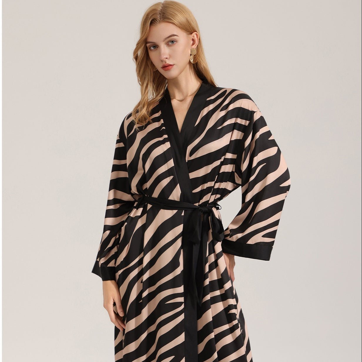 The Zebra Silk | Zebra Print One - Shoulder Long - Sleeve Satin Maxi Robe - Negative Apparel
