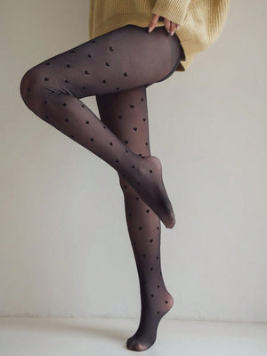 Thickened Fleece Lined Heart Print Tights - Negative Apparel