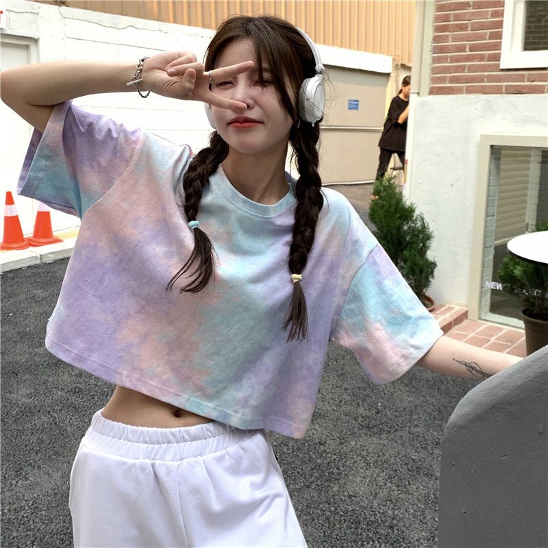 Tie - dyed short - sleeved T-shirt for women in summer 2025 new design niche navel - baring short top - Negative Apparel