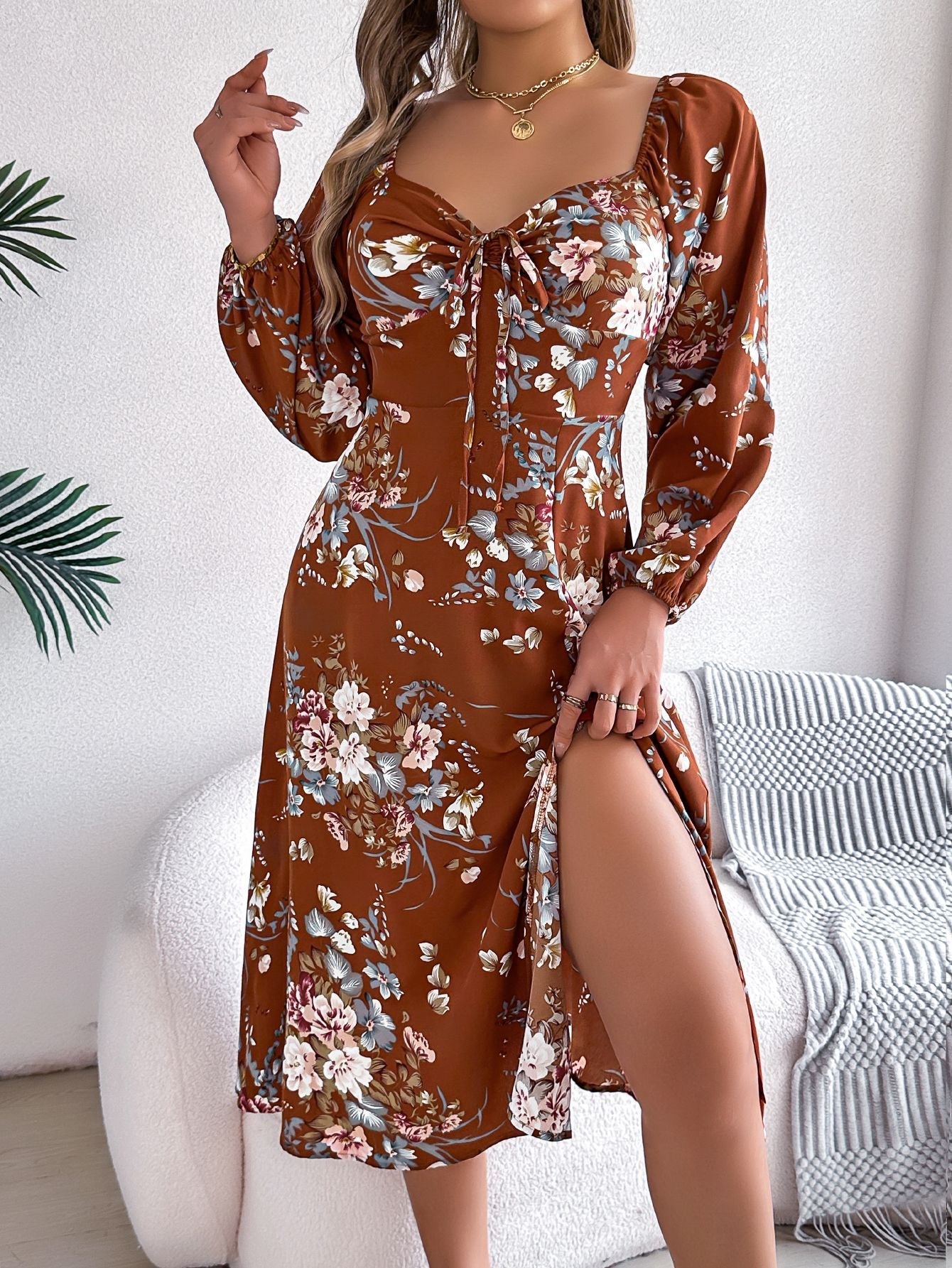 Tie - knot Flower Long Sleeve Split Dress - Negative Apparel