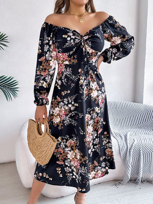 Tie - knot Flower Long Sleeve Split Dress - Negative Apparel