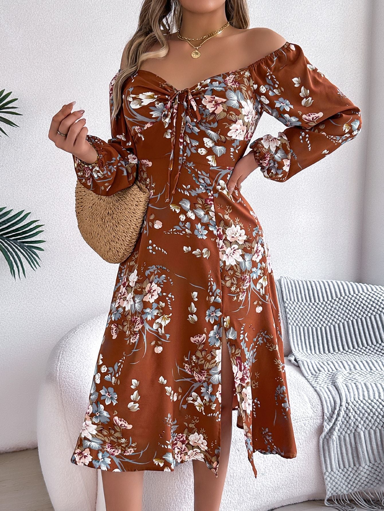 Tie - knot Flower Long Sleeve Split Dress - Negative Apparel