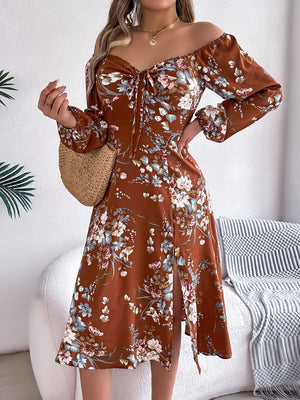 Tie - knot Flower Long Sleeve Split Dress - Negative Apparel