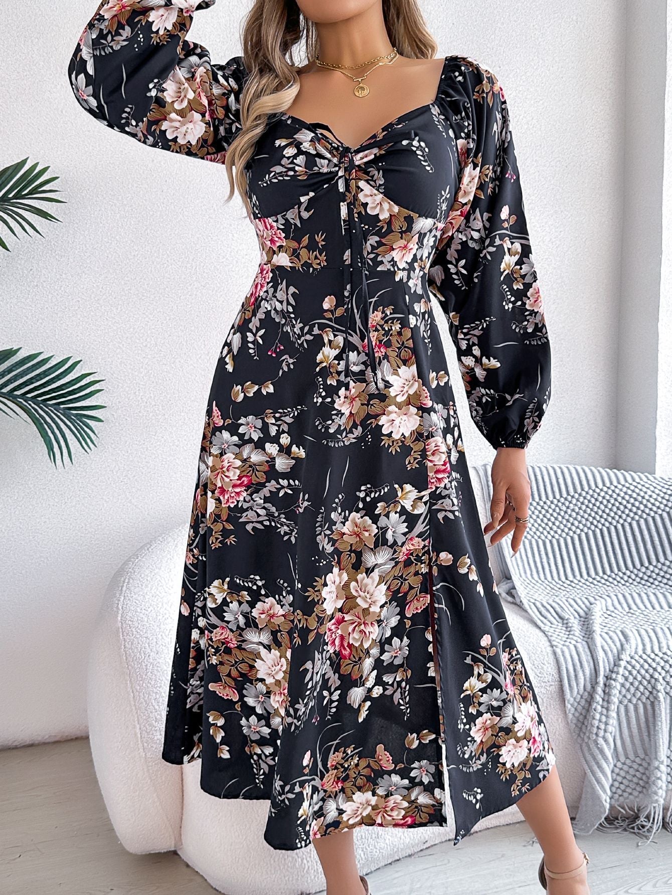 Tie - knot Flower Long Sleeve Split Dress - Negative Apparel