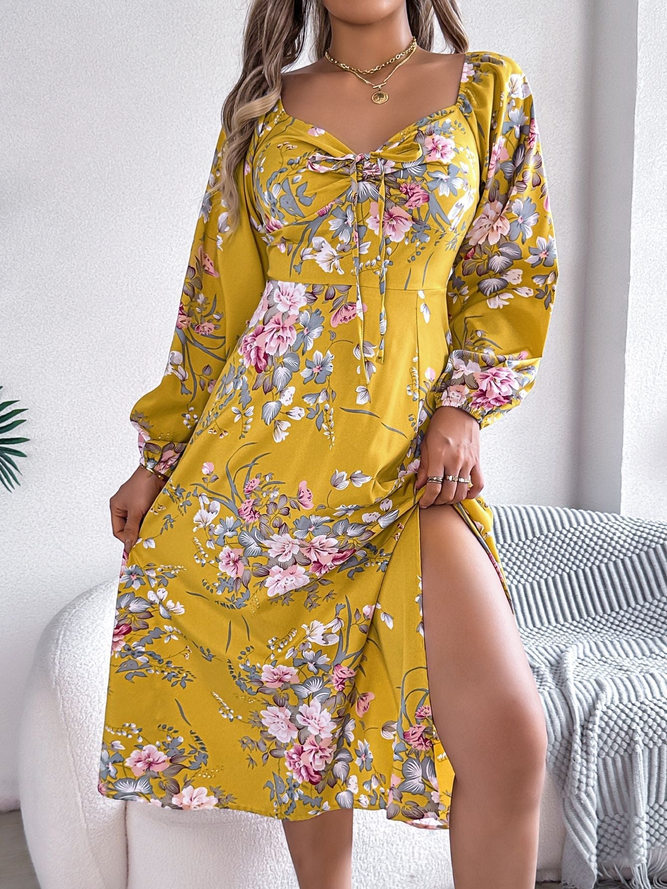 Tie - knot Flower Long Sleeve Split Dress - Negative Apparel