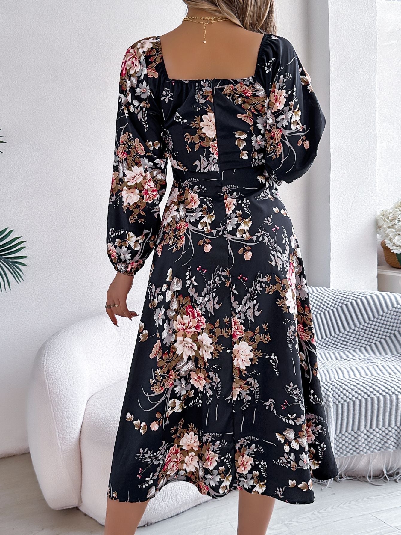 Tie - knot Flower Long Sleeve Split Dress - Negative Apparel