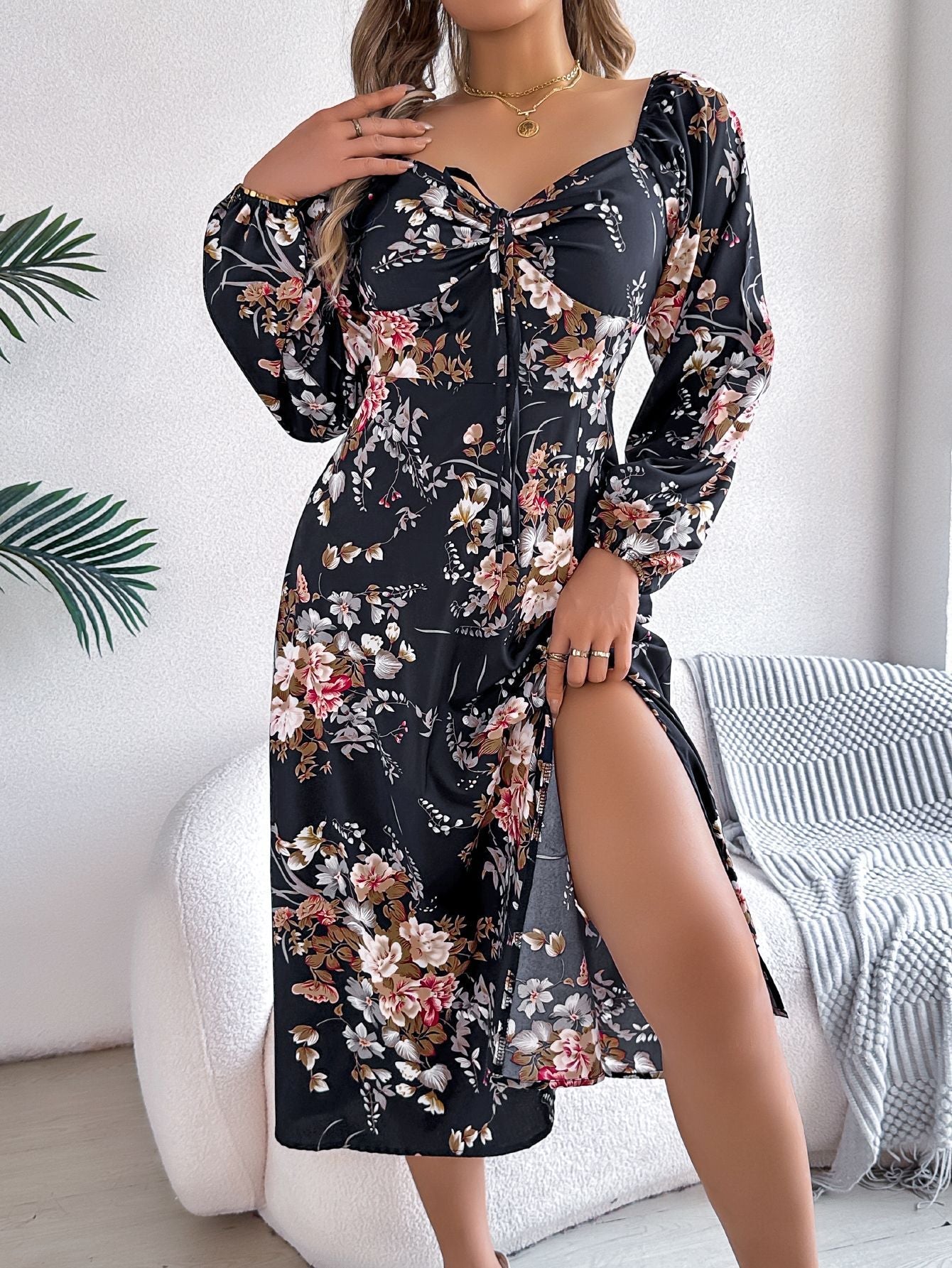 Tie - knot Flower Long Sleeve Split Dress - Negative Apparel